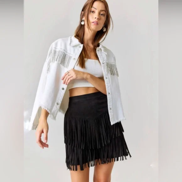 Alya Black Fringe Faux Suede Mini Skirt Size Large Western Style Cowgirl - Picture 8 of 8